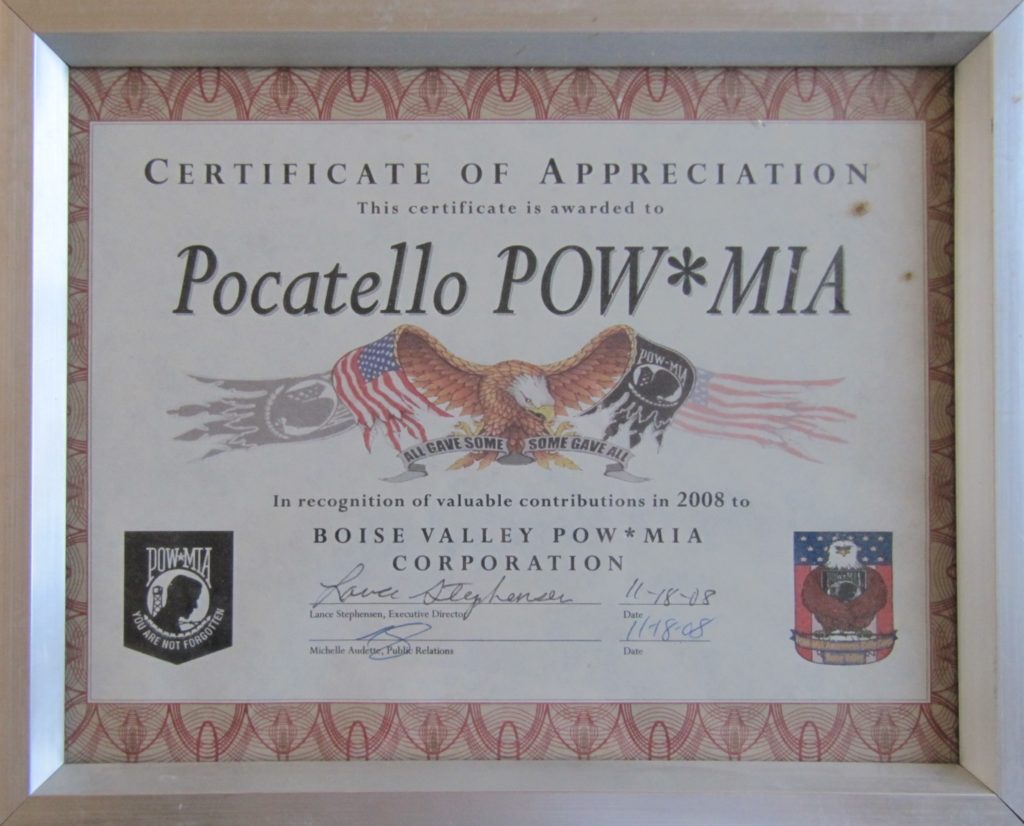 Boise Valley Certificate of Appreciation 2008 cropped POW*MIA Rodeo